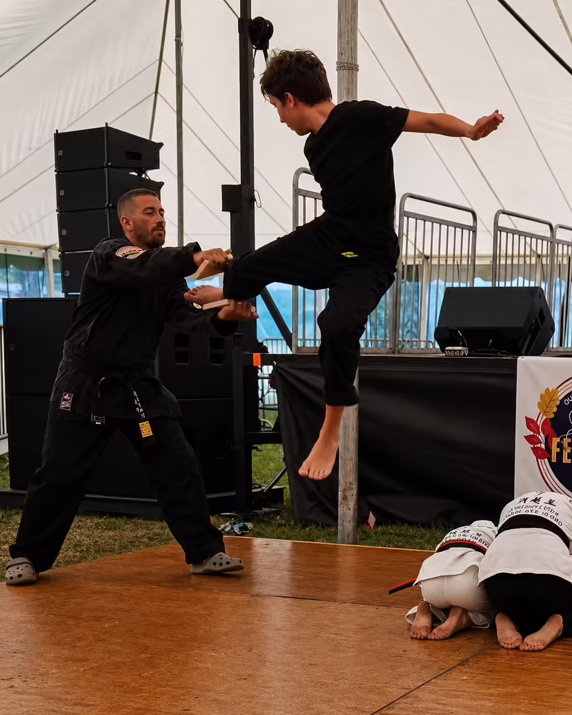 Taekwondo student practicing a flying side kick at Dunedin Taekwondo Academy